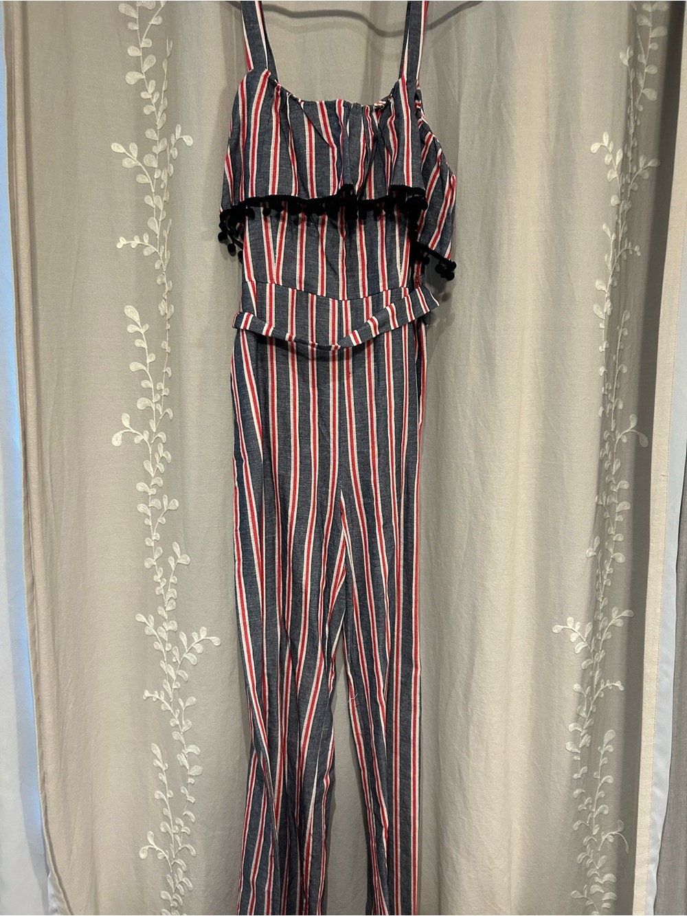 Striped Navy, Red & White Ruffle-Top Jumpsuit